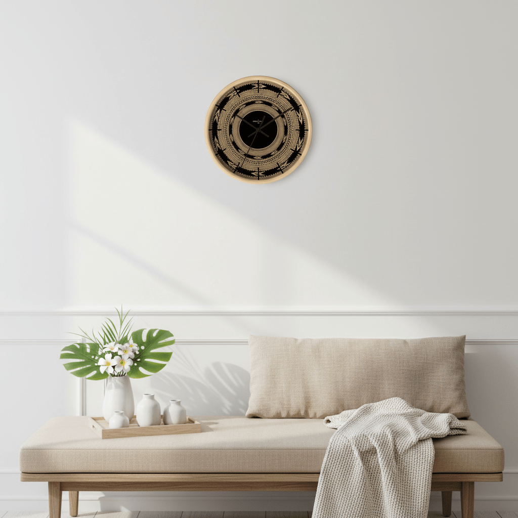10-inch Pe'a wall clock featuring Samoan-inspired design for home decor, suitable for AU, NZ, and US settings.