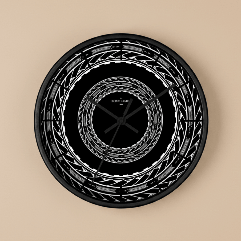 Spoke 10-inch wall clock featuring Samoan arrows design, suitable for AU, NZ, and USA decor styles.