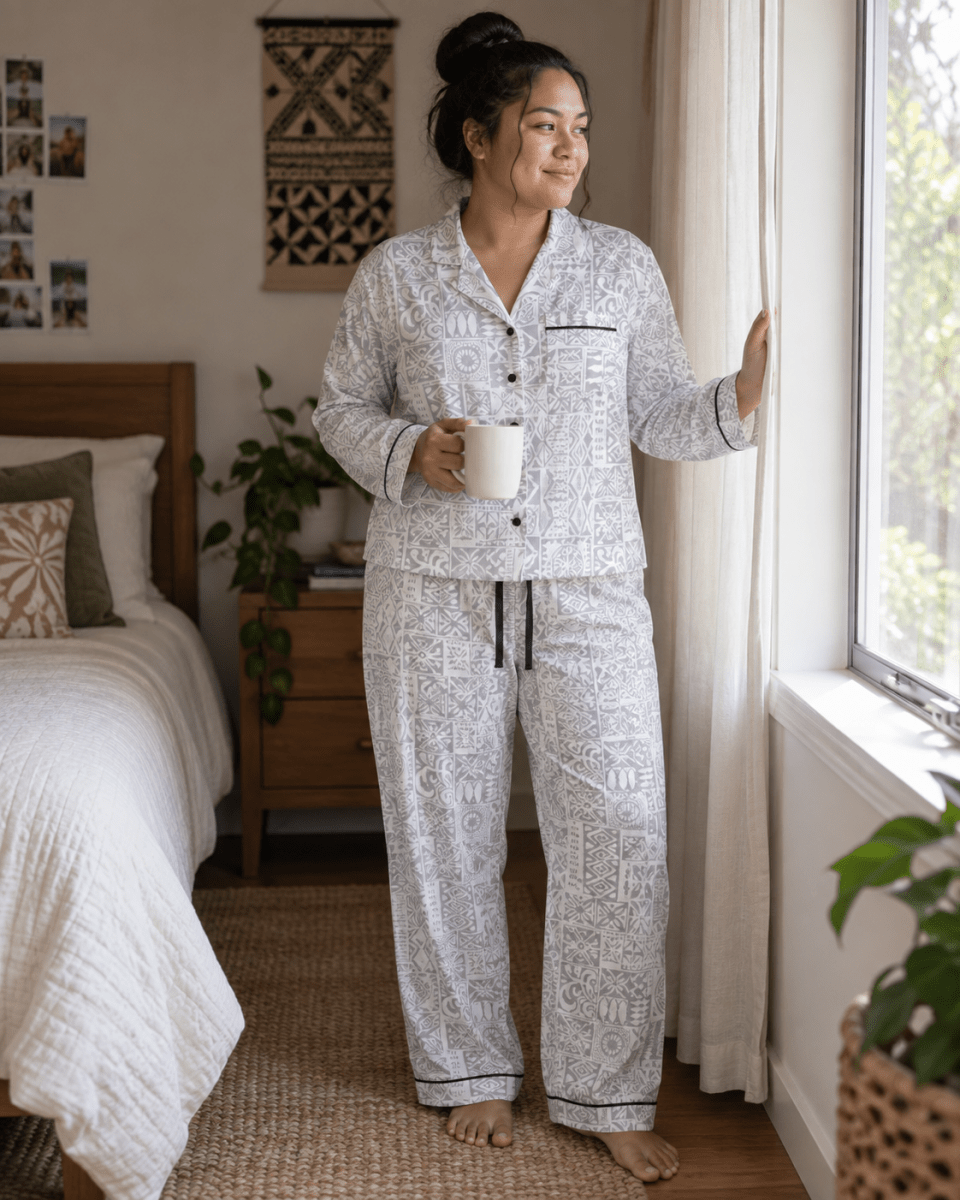Women's Satin Pyjamas - White Sunday - The Koko Samoa