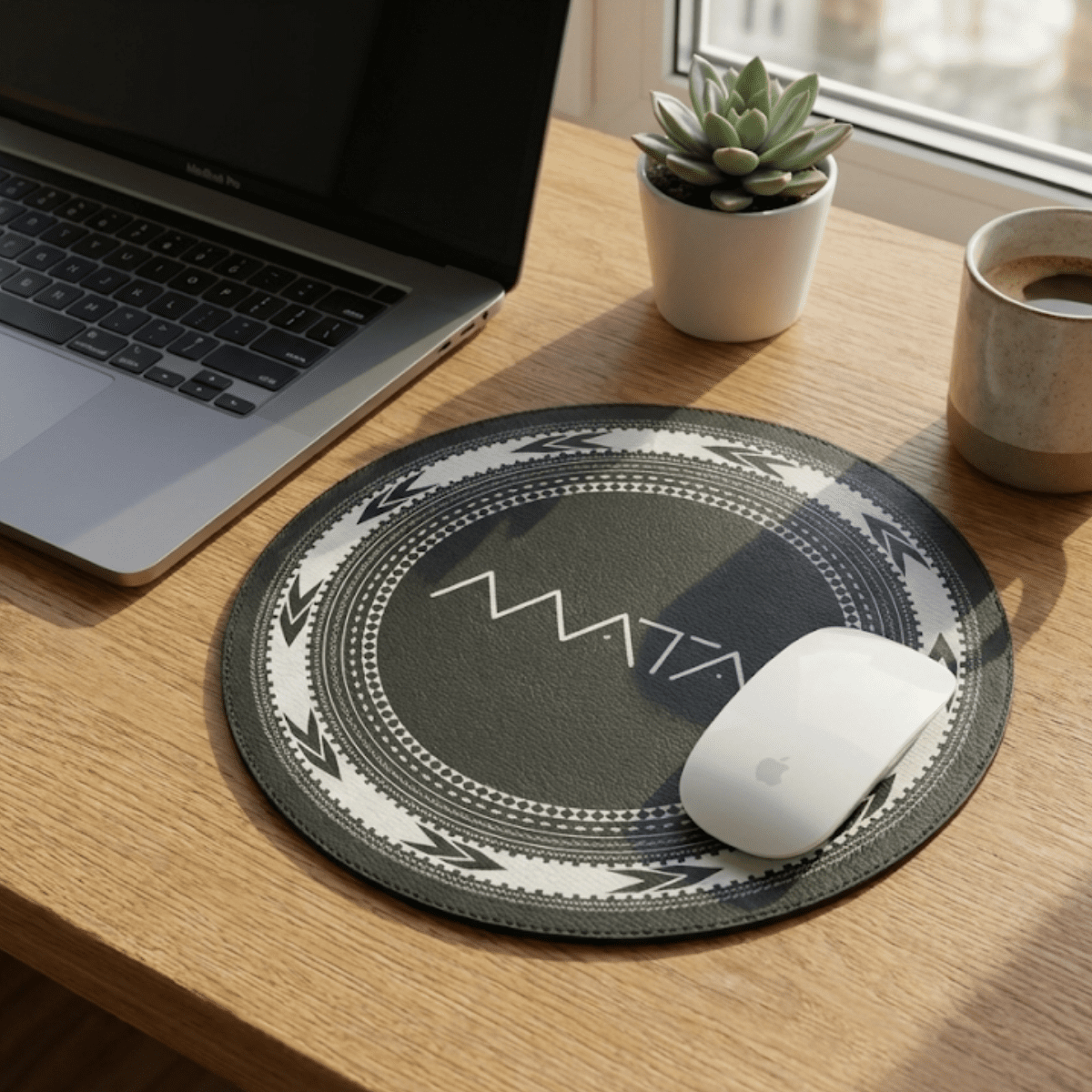 Round leather mouse mat by WOYC, Matai collection, 8.7-inch diameter, ideal for home decor and desk organization.