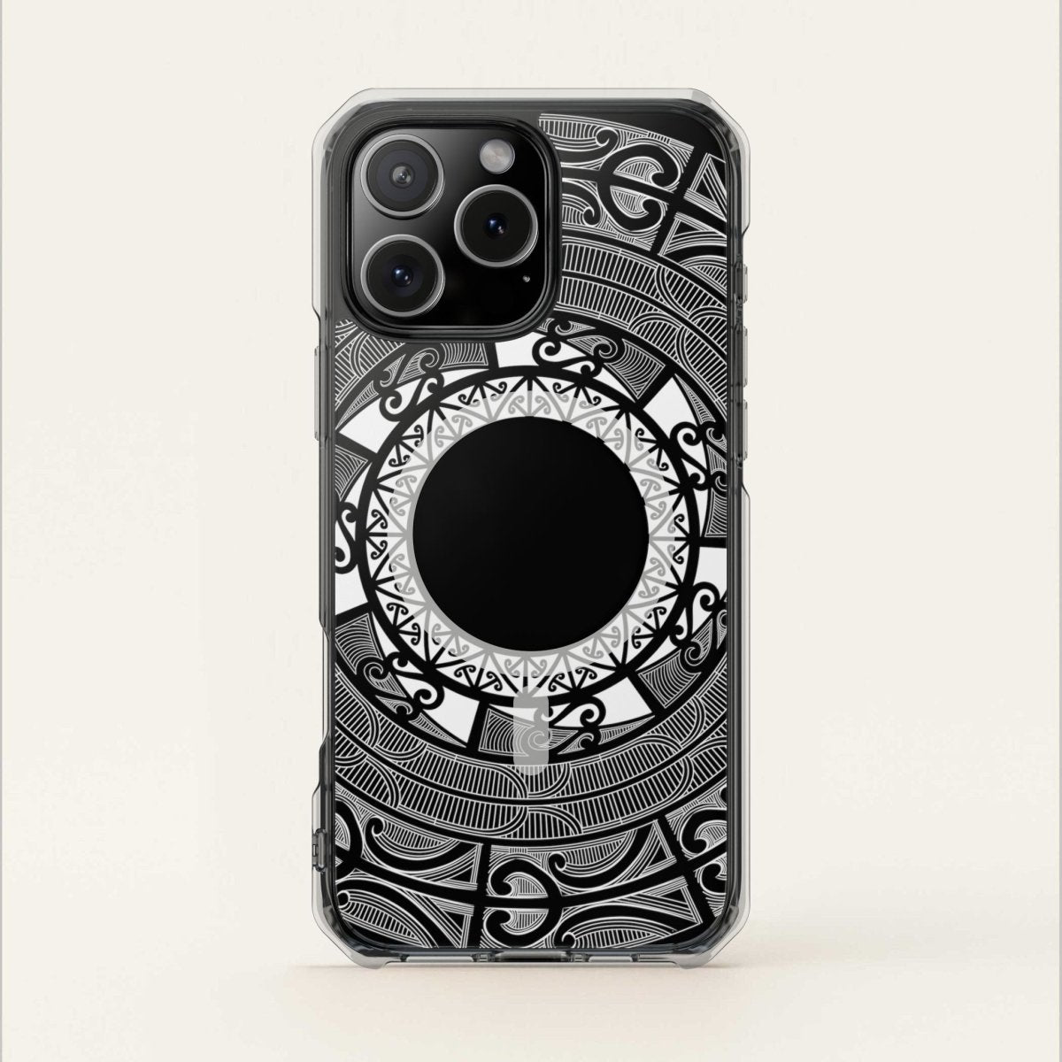 WOYC PasifikaOne MagSafe clear case for iPhone 16 featuring Māori design, transparent protection, compatible with AU, NZ, and USA models.