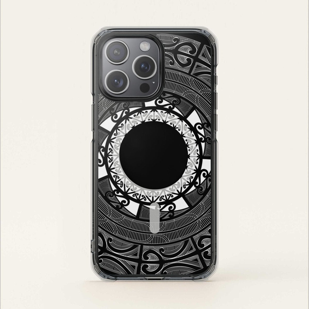 WOYC PasifikaOne MagSafe clear case for iPhone 16 featuring Māori design, transparent protective cover with magnetic compatibility.
