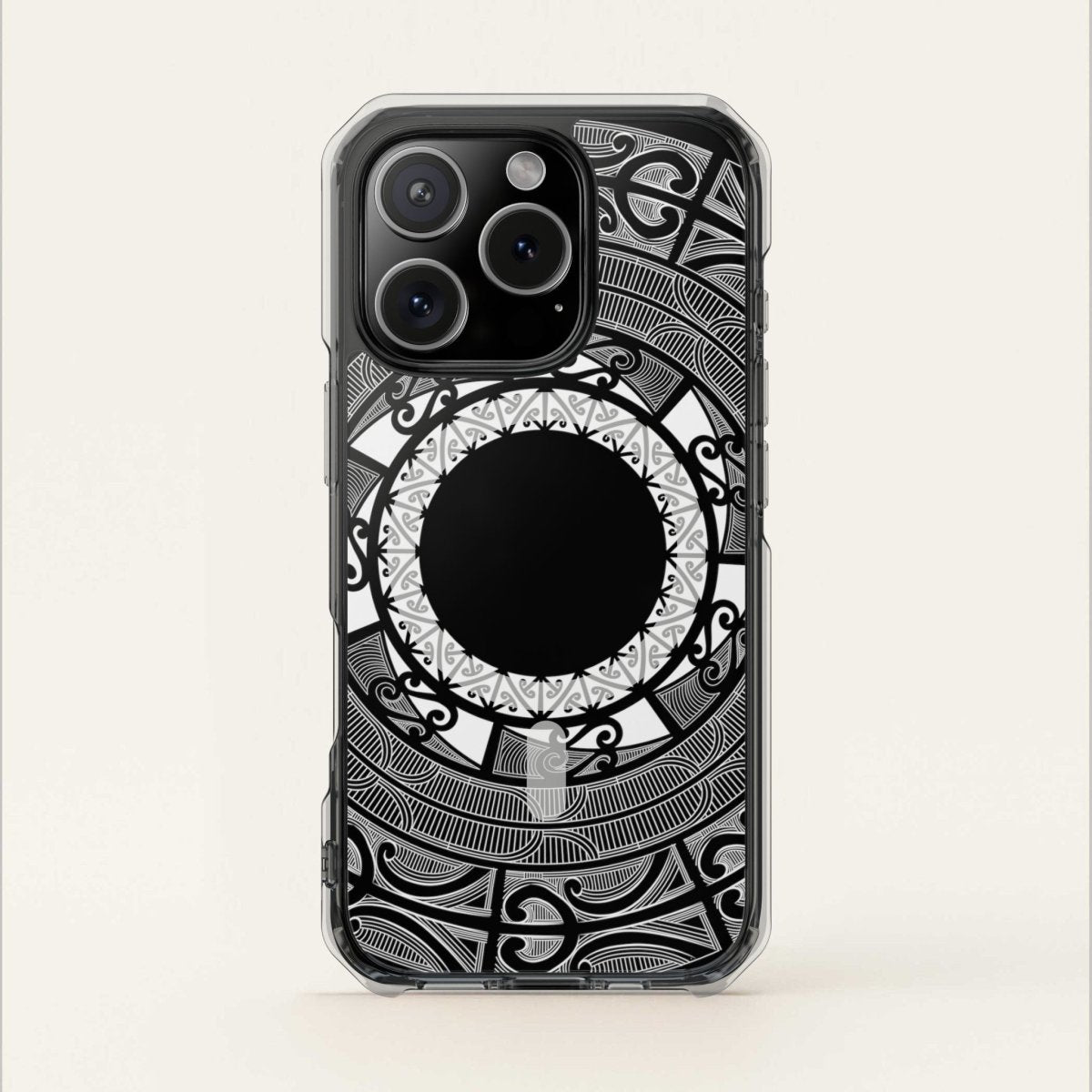 WOYC PasifikaOne MagSafe clear case for iPhone 16, featuring Māori-inspired design, transparent protective cover with MagSafe compatibility.