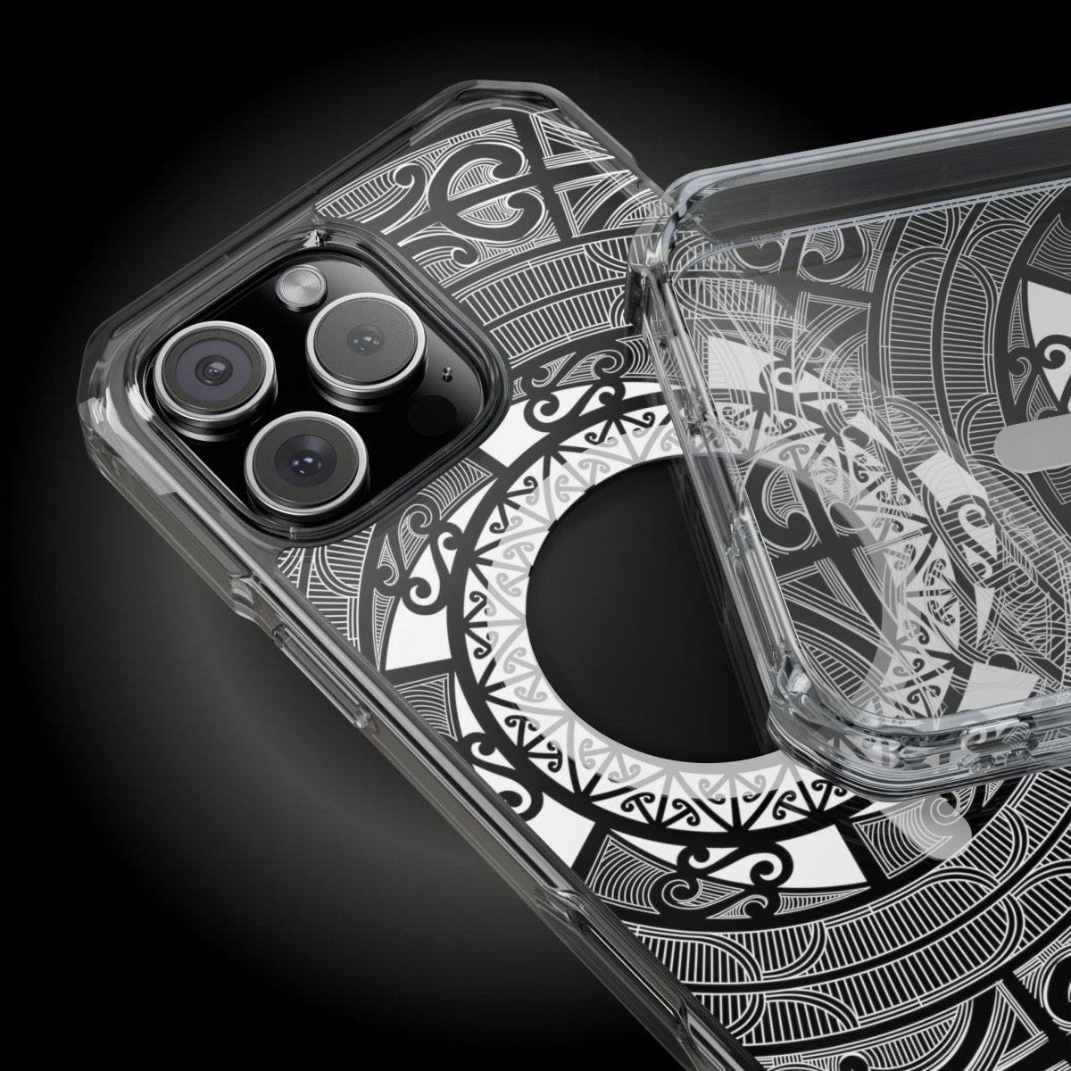 WOYC PasifikaOne MagSafe clear case for iPhone 16 featuring Māori design, transparent protective case with MagSafe compatibility.