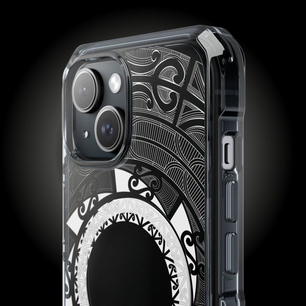WOYC PasifikaOne MagSafe clear case for iPhone 16 featuring Māori design, transparent protective cover with MagSafe compatibility.