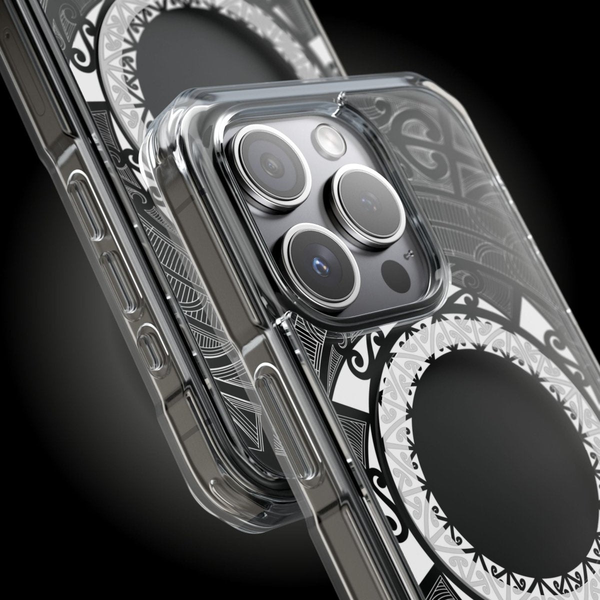 WOYC PasifikaOne MagSafe clear case for iPhone 16 featuring Māori design, transparent protection, and compatibility with MagSafe accessories.