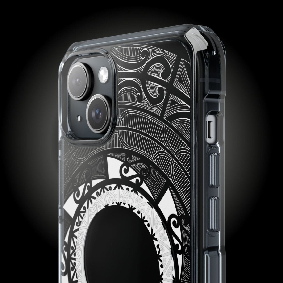 WOYC PasifikaOne MagSafe clear case for iPhone 16 featuring Māori design, transparent protection, compatible with AU, NZ, and USA models.