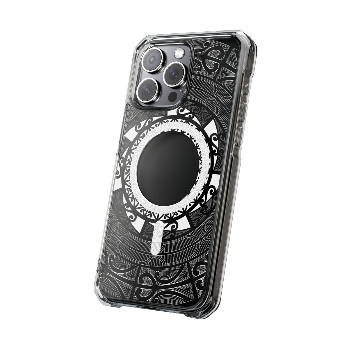 WOYC PasifikaOne MagSafe clear case for iPhone 16 featuring Māori design, transparent protective cover with MagSafe compatibility.