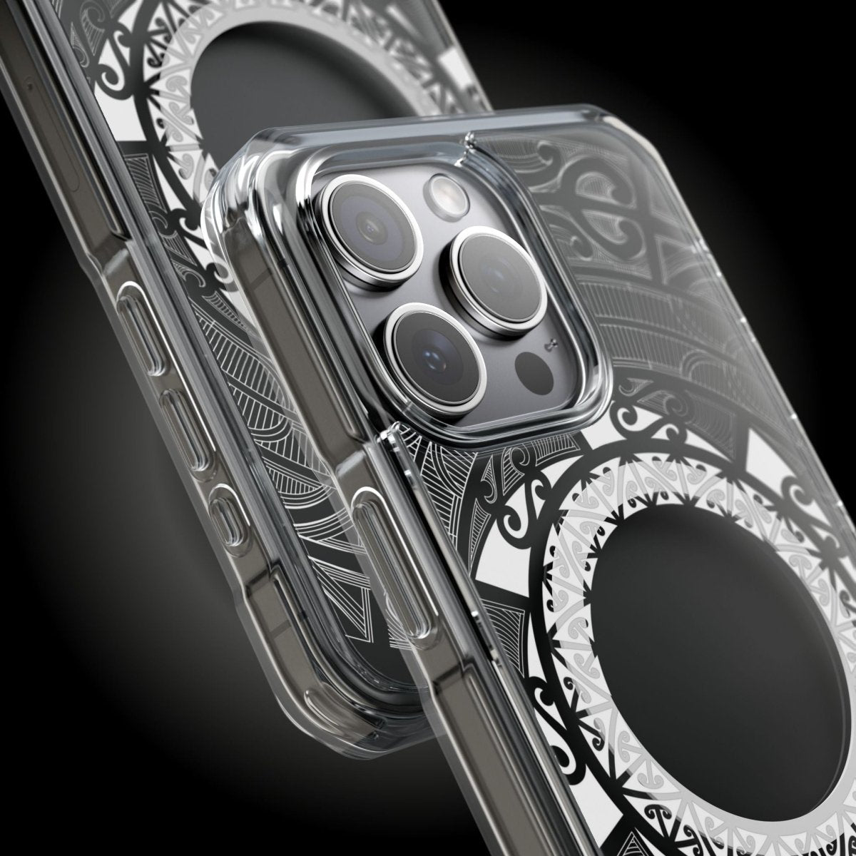 WOYC PasifikaOne MagSafe clear case for iPhone 16 with Māori design, transparent protective cover for MagSafe compatibility.
