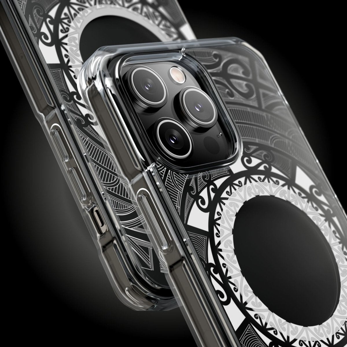 WOYC PasifikaOne MagSafe clear case for iPhone 16 featuring Māori-inspired design, transparent protective cover.