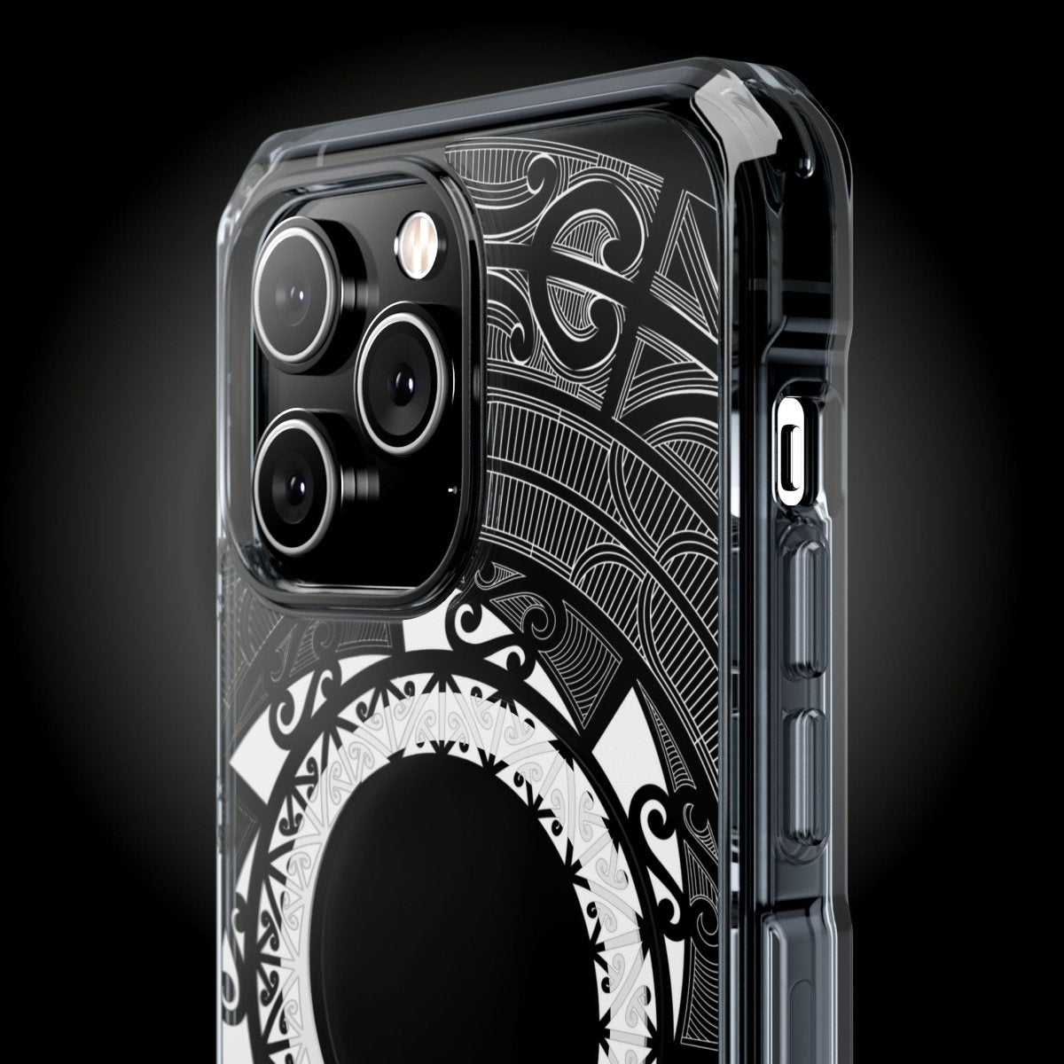 WOYC PasifikaOne MagSafe clear case for iPhone 16 featuring Māori-inspired design, transparent protective cover.