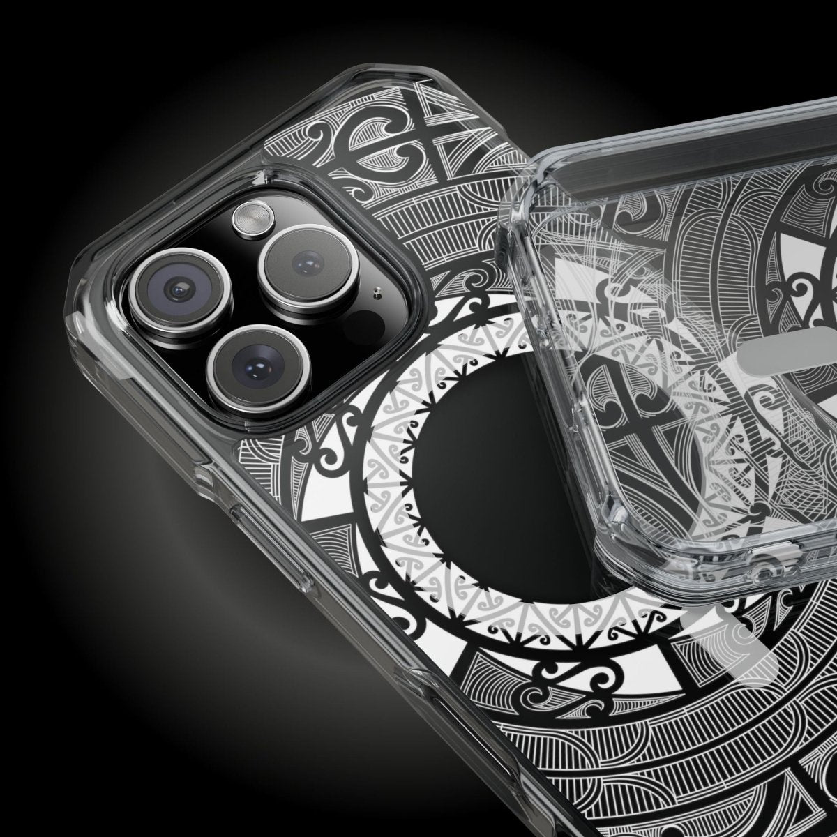 WOYC PasifikaOne MagSafe clear case for iPhone 16 featuring Māori-inspired design, transparent protective cover with MagSafe compatibility.