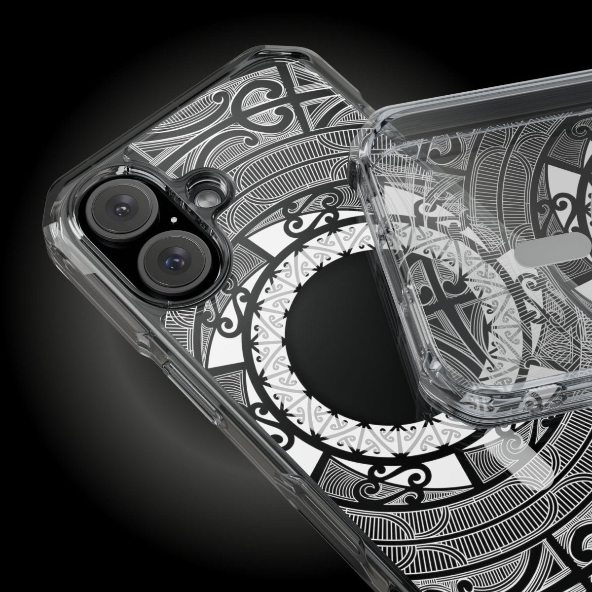 WOYC PasifikaOne MagSafe clear case for iPhone 16 featuring Māori design, transparent protective cover with MagSafe compatibility.