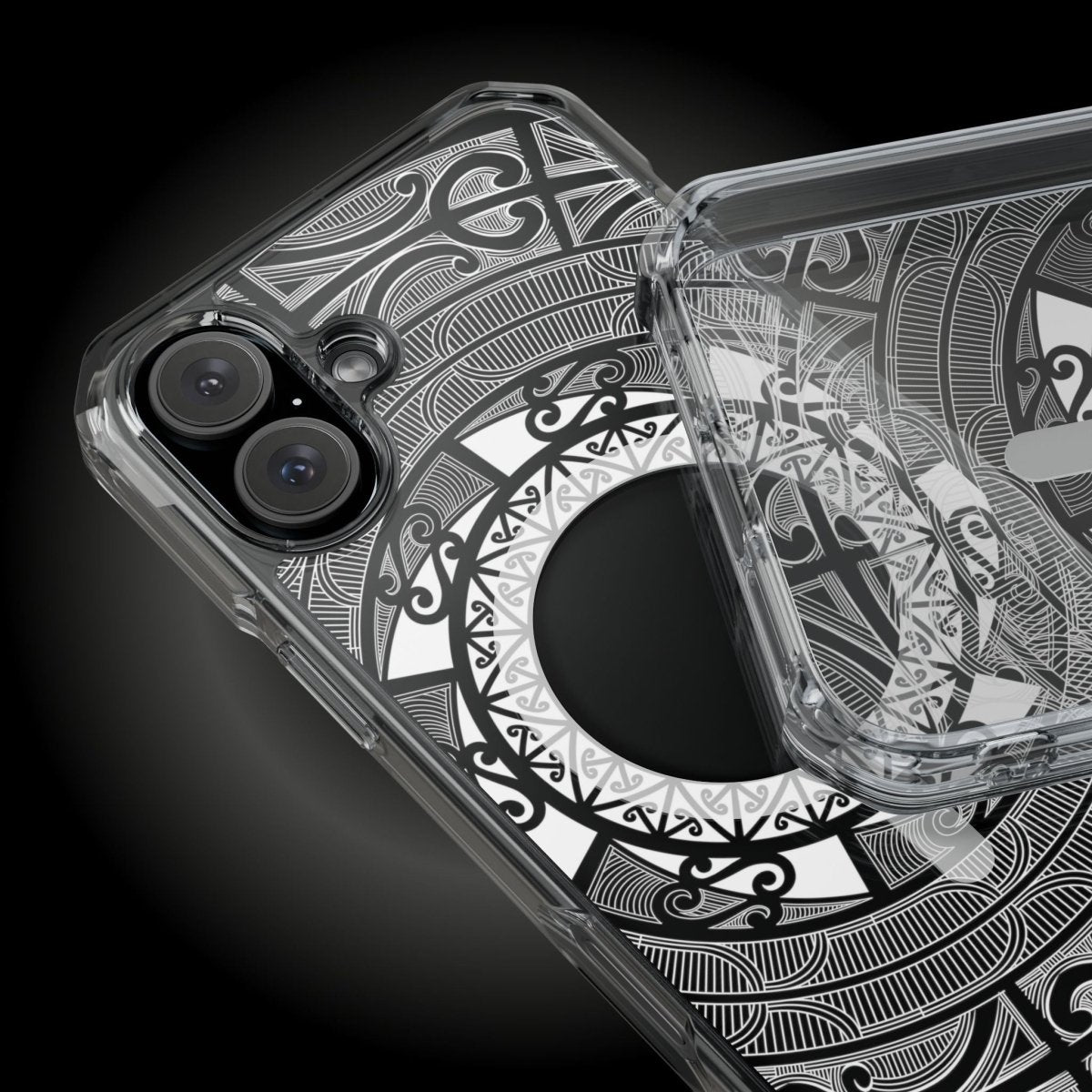 WOYC PasifikaOne MagSafe clear case for iPhone 16 featuring Māori-inspired design, transparent protective cover with MagSafe compatibility.