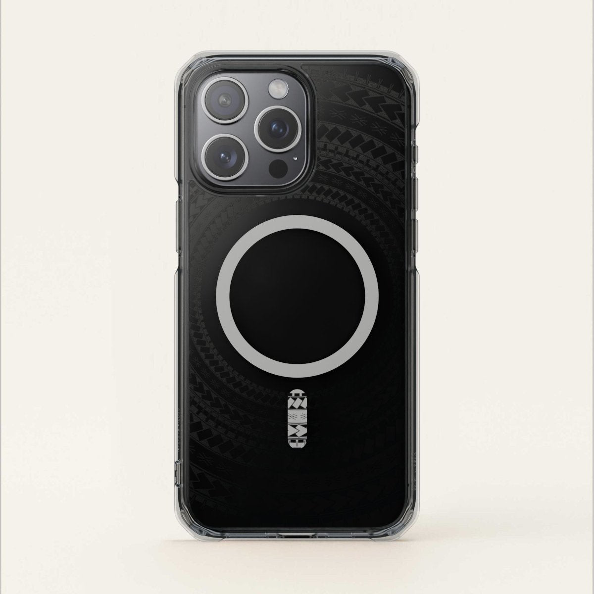 PasifikaOne MagSafe clear case for iPhone 16 in Samoan Black, featuring transparent design and magnetic compatibility.