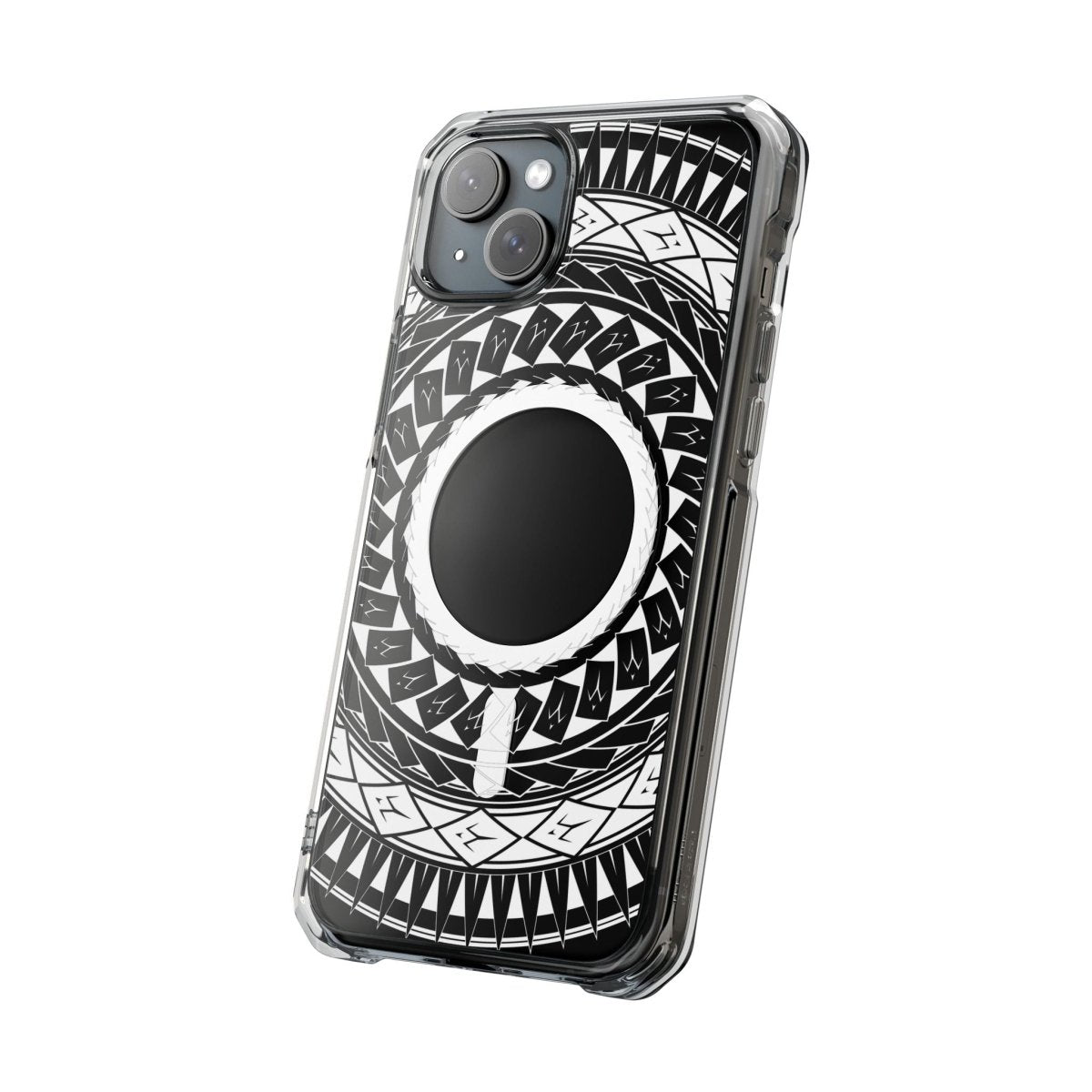 PasifikaOne MagSafe iPhone clear case featuring Samoan spear design, compatible with iPhone 16, showcases transparent protective cover.