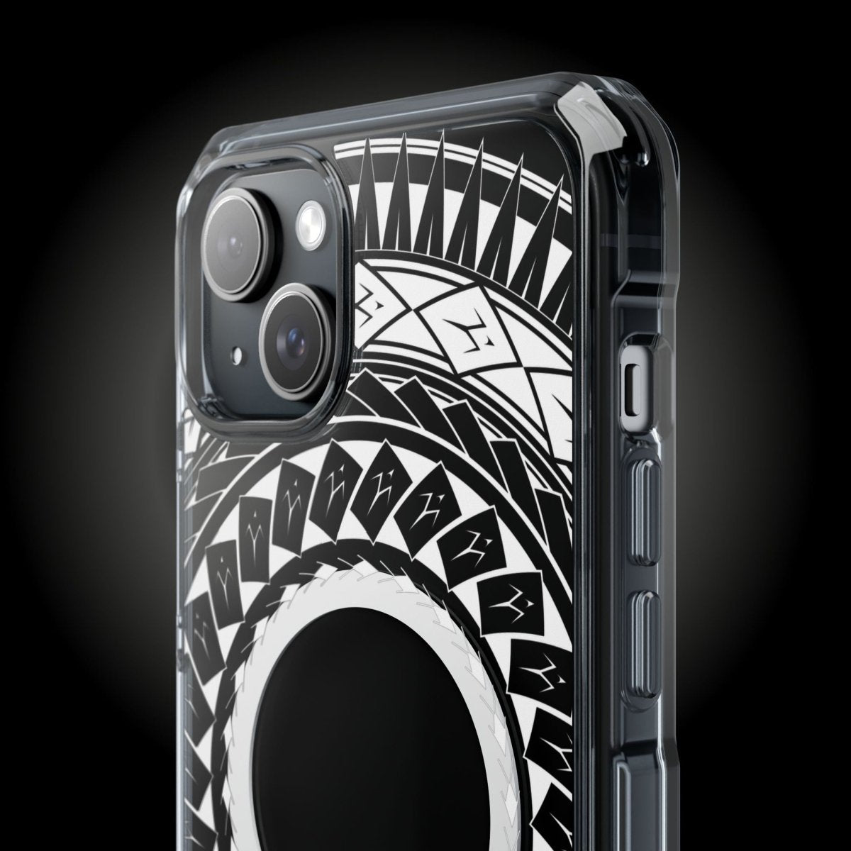 PasifikaOne MagSafe clear iPhone case featuring Samoan spear design, compatible with iPhone 16, AU/NZ/USA editions.