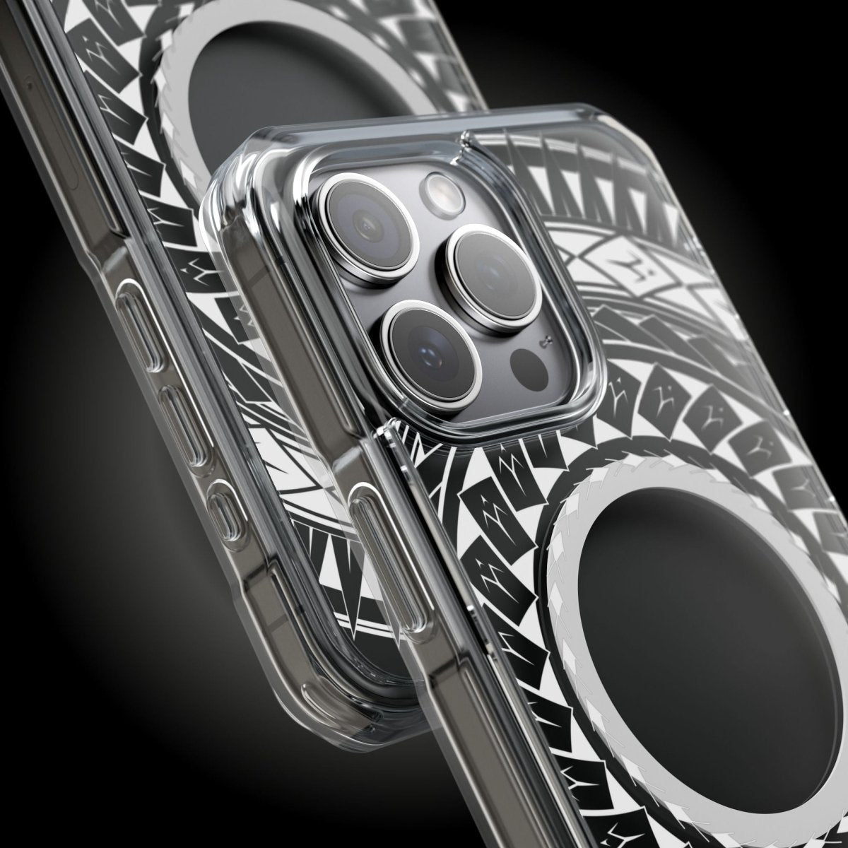 PasifikaOne MagSafe clear case for iPhone 16 with Samoan spear design, compatible with AU, NZ, and USA models.