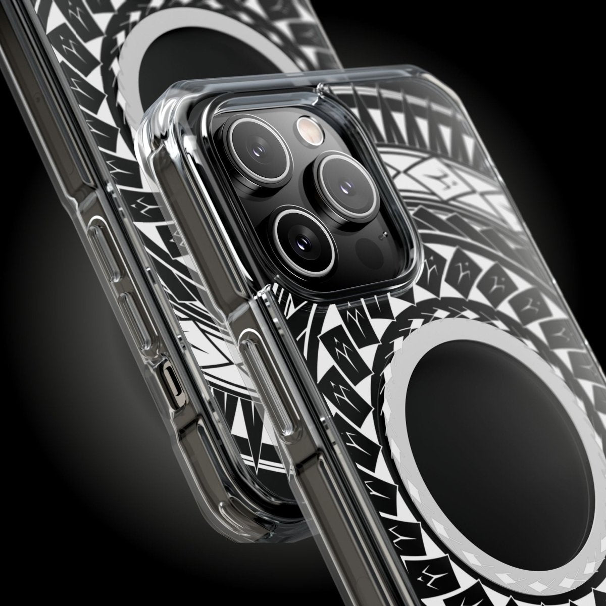 WOYC PasifikaOne MagSafe iPhone clear case featuring Samoan spear design, compatible with iPhone 16, AU/NZ/USA versions.
