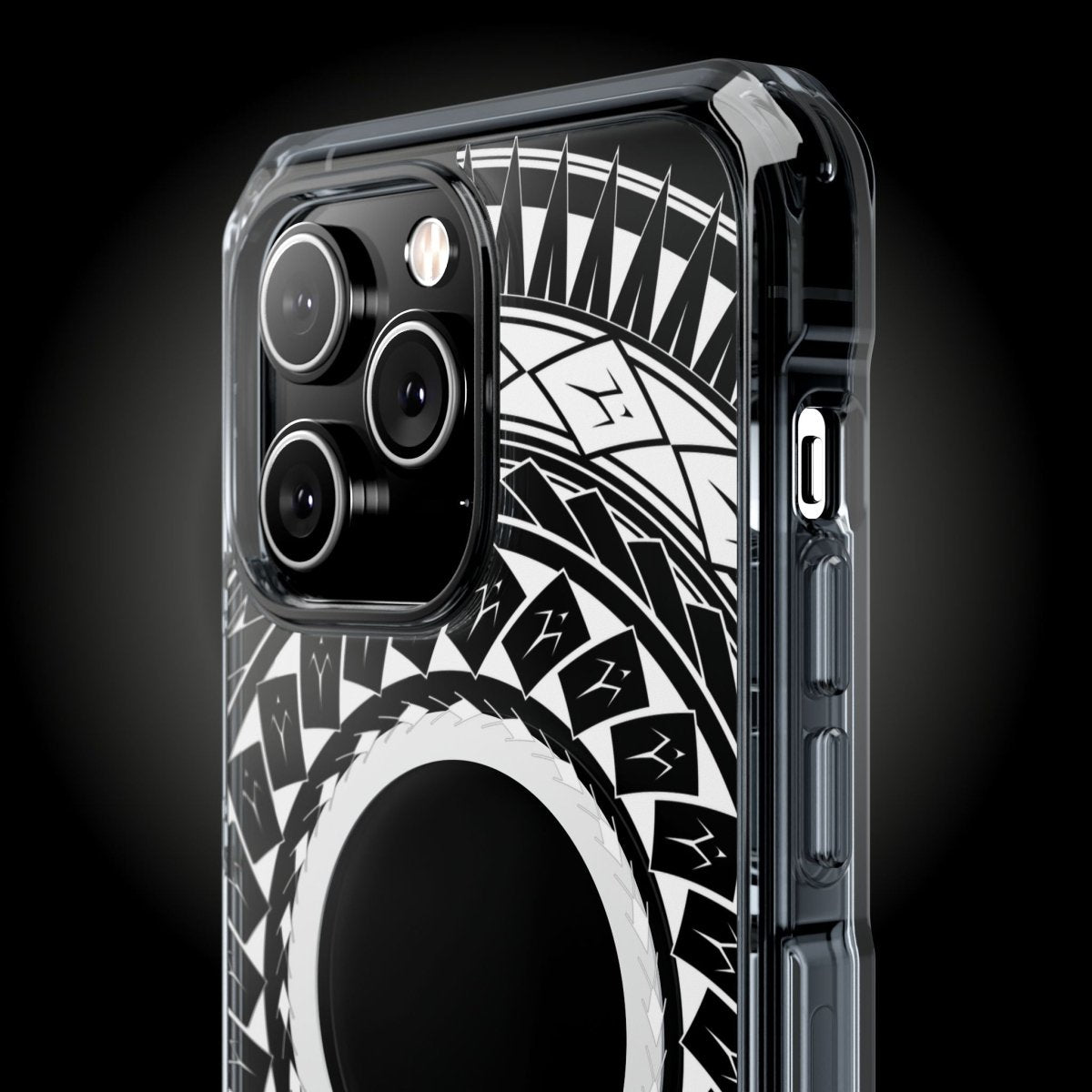 WOYC PasifikaOne MagSafe clear case for iPhone 16 with Samoan spear design, featuring transparent protection and magnetic compatibility.