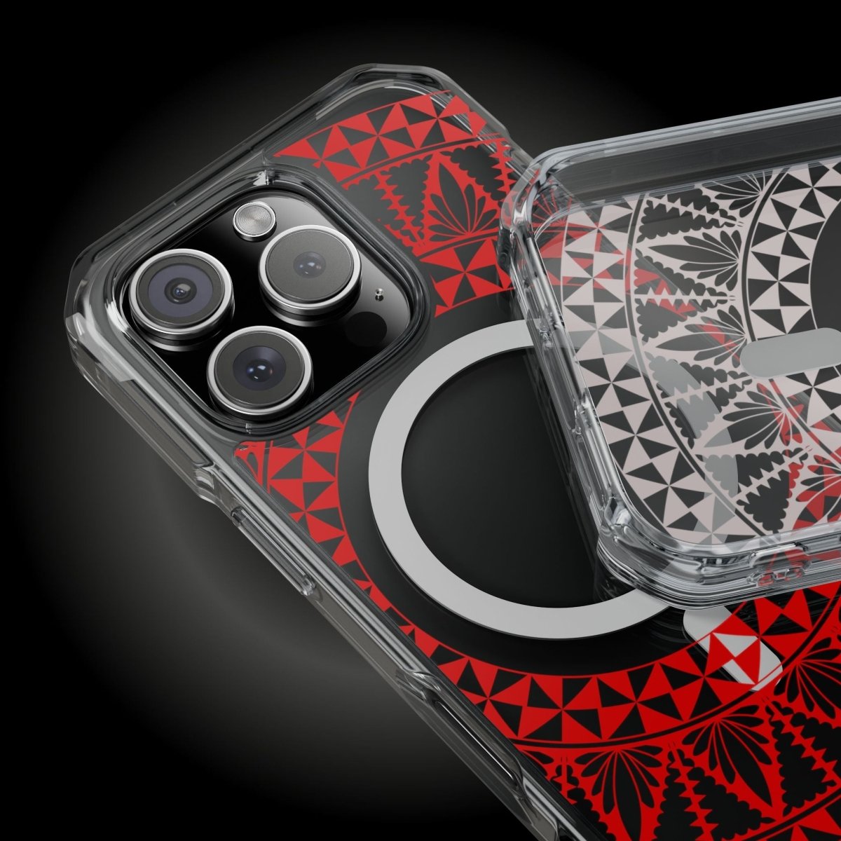WOYC PasifikaOne MagSafe clear iPhone case with Tongan Redleaf design, compatible with iPhone 16, showing the transparent case and redleaf pattern.