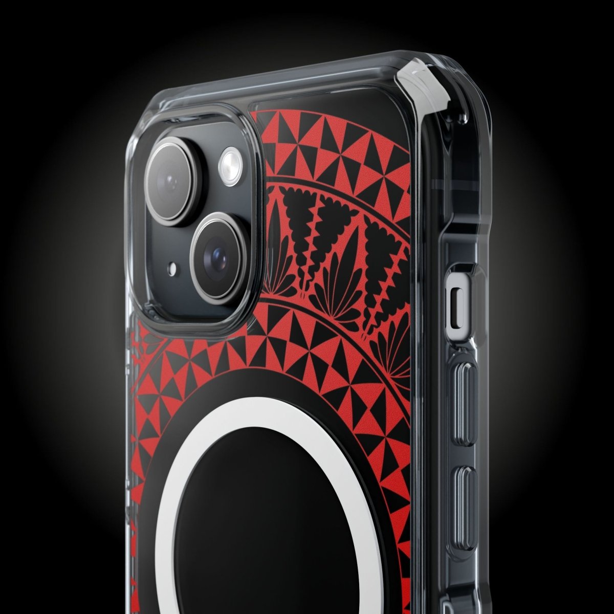 WOYC PasifikaOne MagSafe clear case for iPhone 16 featuring Tongan Redleaf design, transparent protective cover.