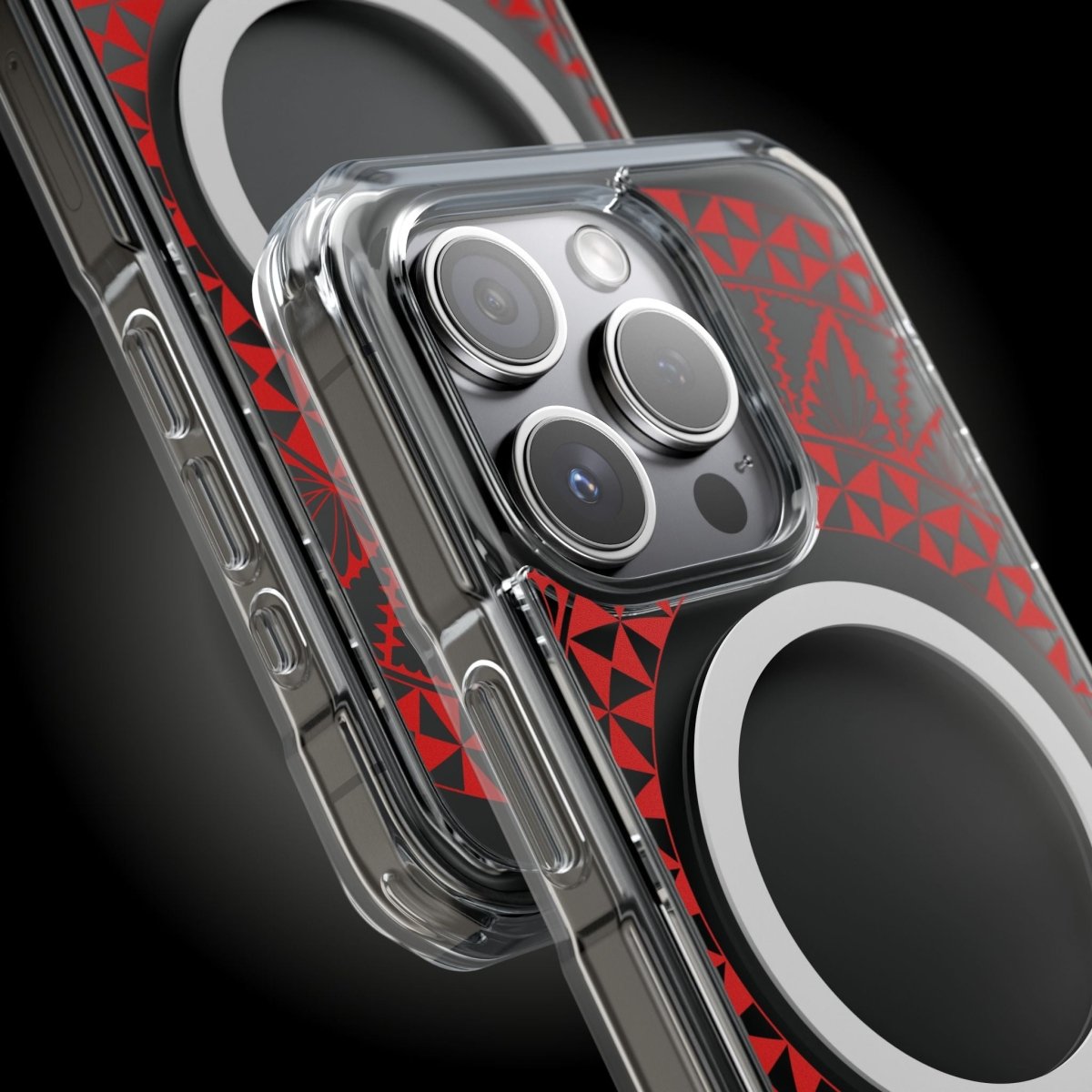 WOYC PasifikaOne MagSafe clear case for iPhone 16 with Tongan Redleaf design, transparent protective cover, and magnetic compatibility.