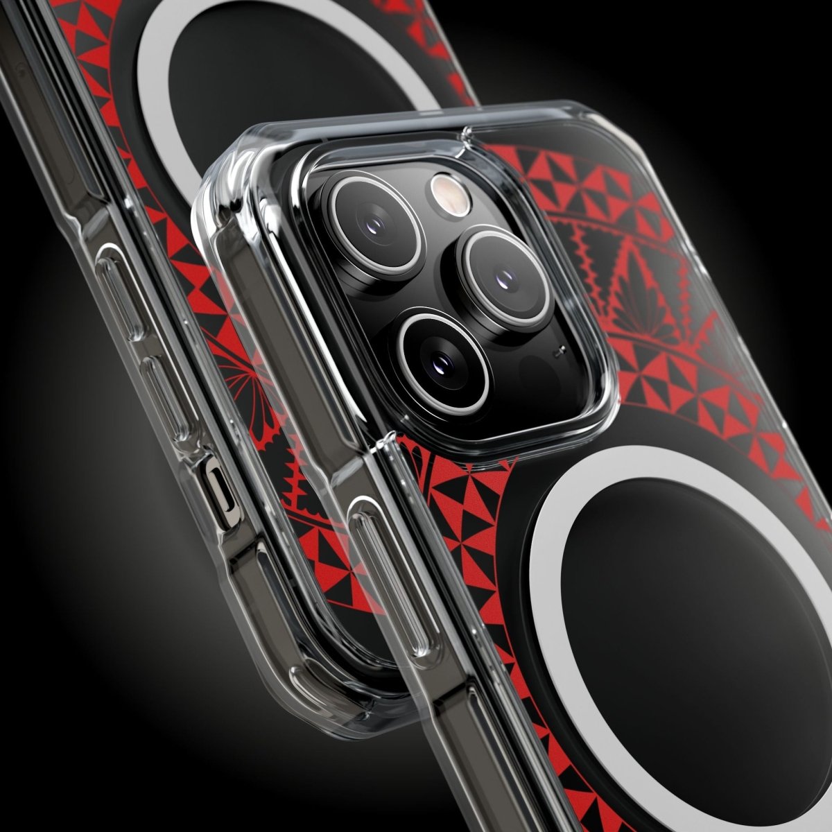 WOYC PasifikaOne MagSafe clear case for iPhone 16 in Tongan Redleaf, showcasing transparent design with red leaf pattern.