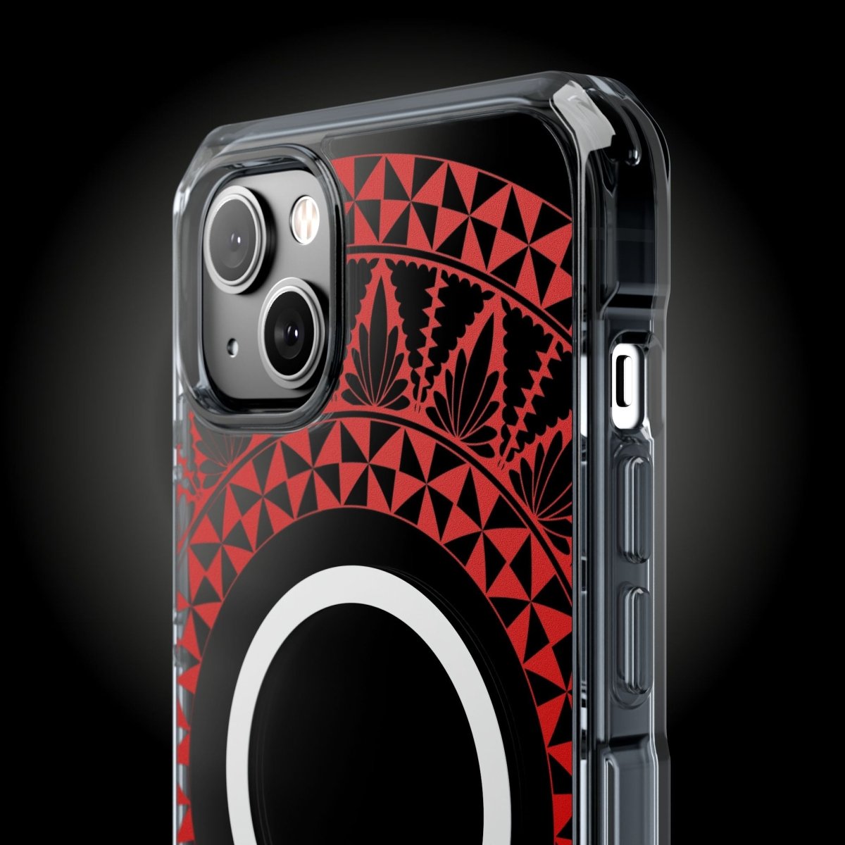 WOYC PasifikaOne MagSafe clear case for iPhone 16 with Tongan Redleaf design, showcasing a transparent, protective iPhone case.