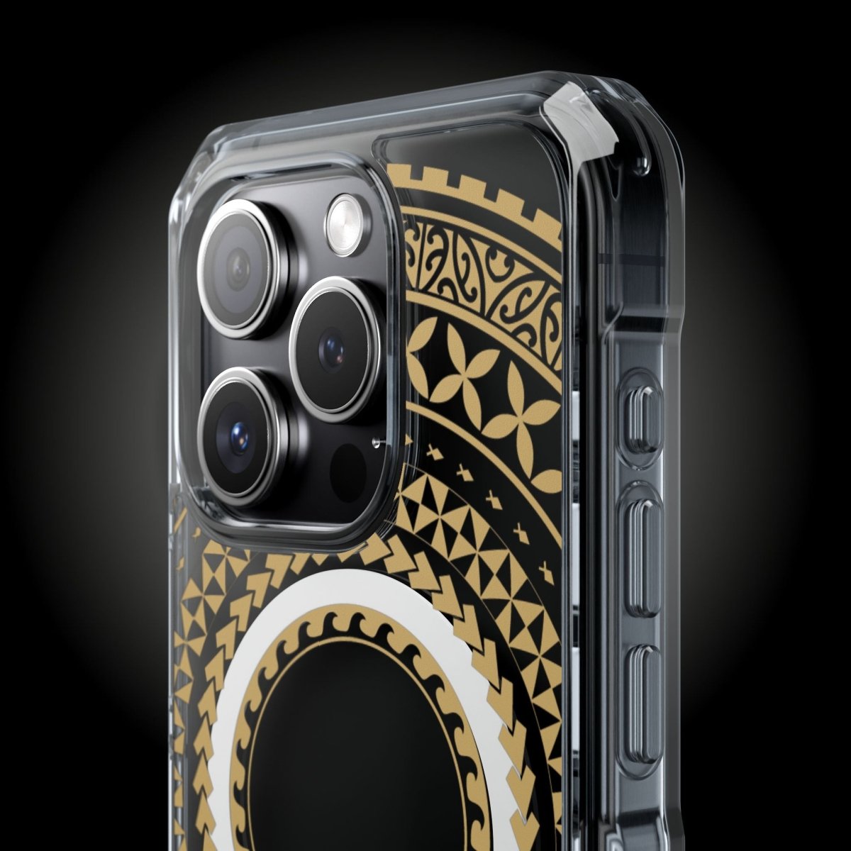 PasifikaOne MagSafe clear case for iPhone 16 in United Gold, showcasing sleek transparent design with gold accents.