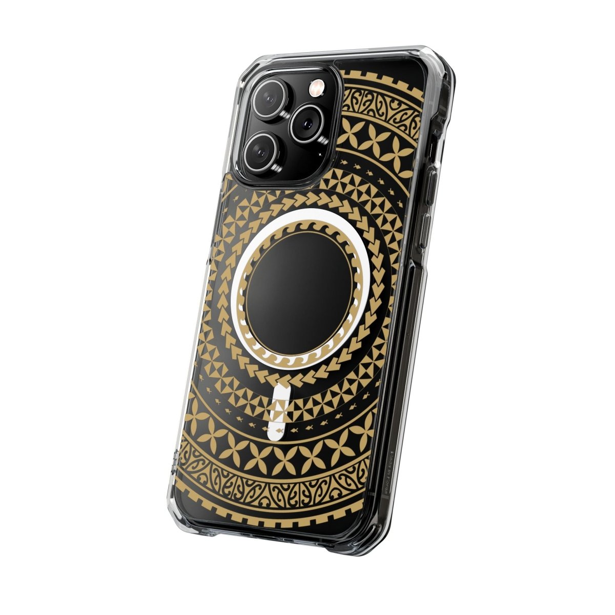 WOYC PasifikaOne MagSafe clear case for iPhone 16 in United Gold, showcasing a transparent design with gold accents.