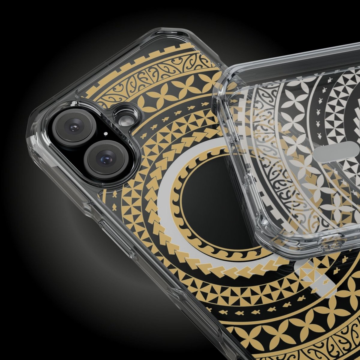 WOYC PasifikaOne MagSafe clear case for iPhone 16 in United Gold, showing the transparent design and gold accents.