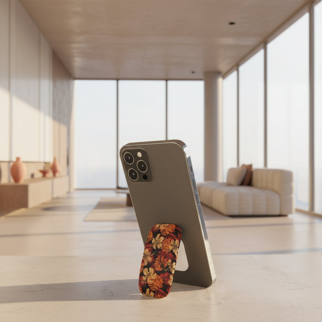 White glossy WOYC Lalomanu phone grip stand for AU, NZ, and USA, showing a sleek, one-size design attached to a smartphone.