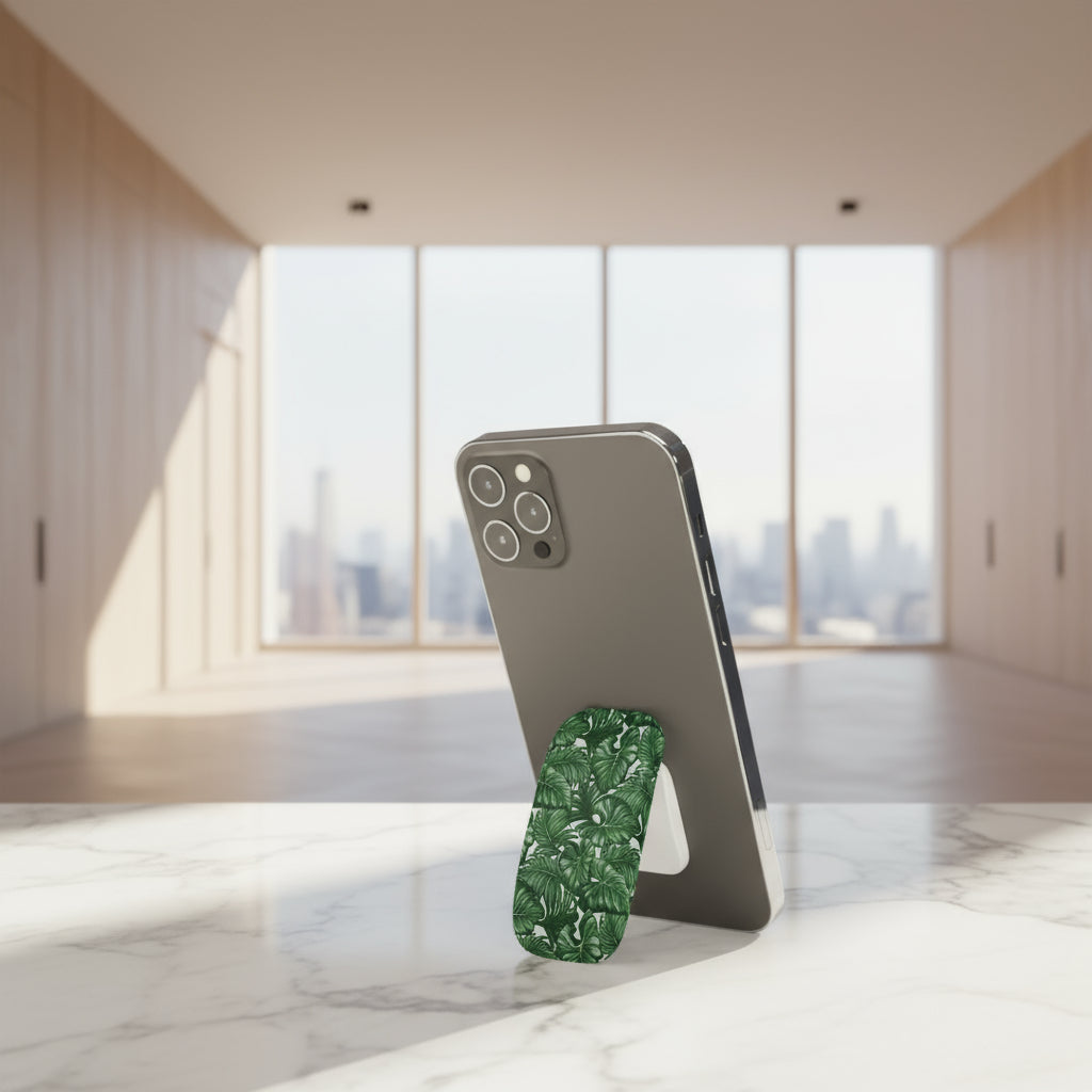 White glossy phone grip stand by WOYC, Saoluafata brand, versatile for AU, NZ, and USA, shown on a smartphone.