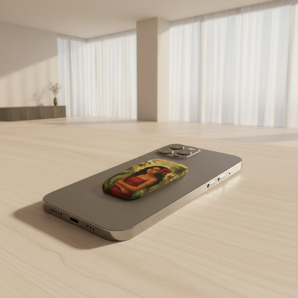 Glossy white WOYC phone grip stand featuring Sina & The Eel design, perfect for secure handling and stylish phone accessories.