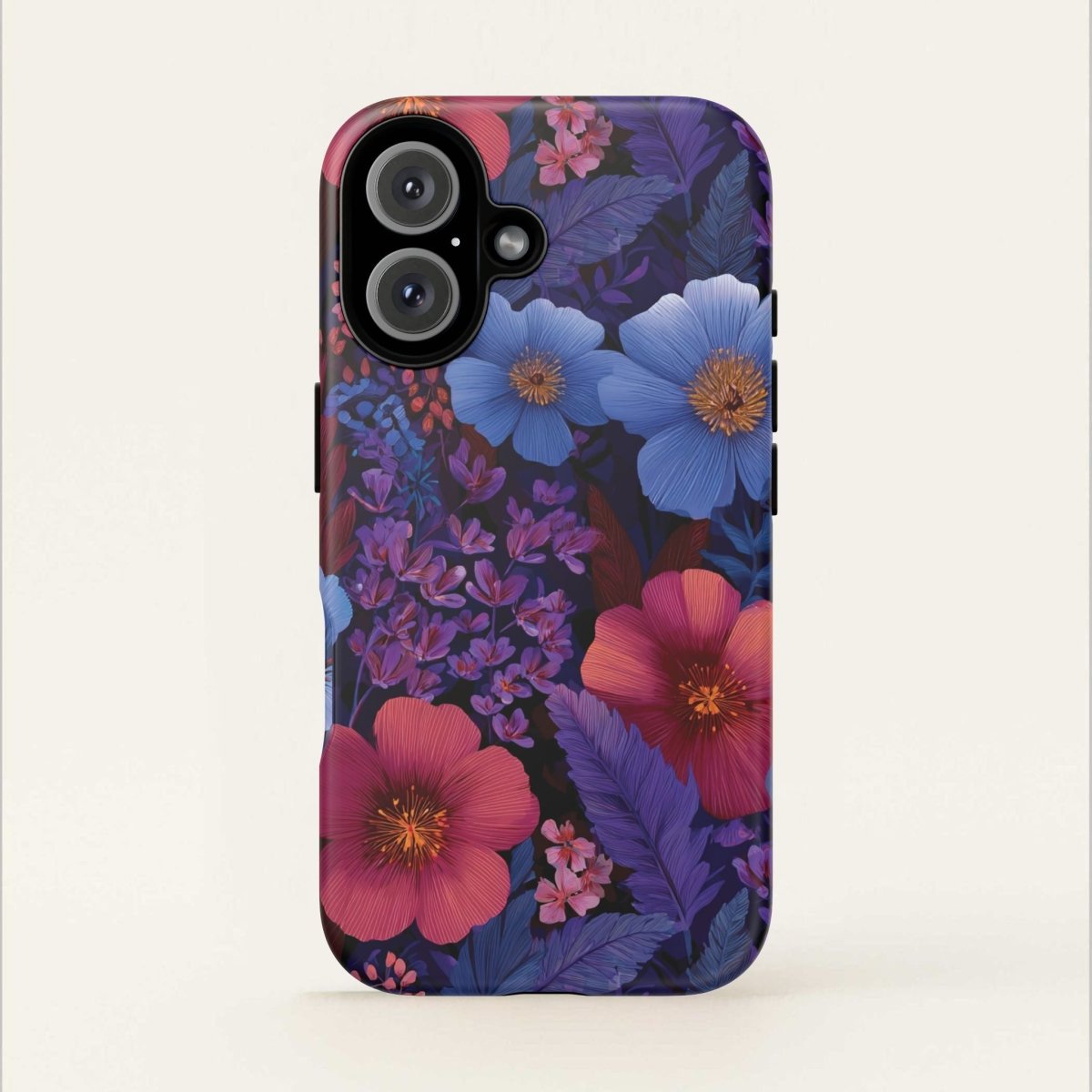 Lavender Tropics tough phone case for iPhone 17 by WOYC, glossy protective case with vibrant tropical design.