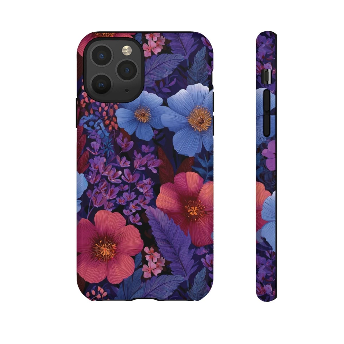 Lavender Tropics tough phone case by WOYC on an iPhone 17, glossy finish, durable protection, vibrant design.