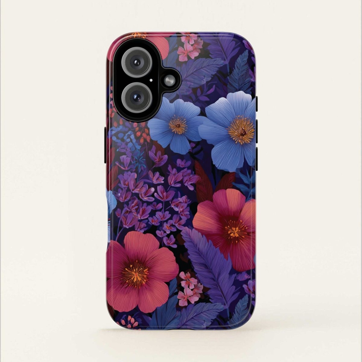 Lavender Tropics tough iPhone case by WOYC for iPhone 17, with glossy finish and rugged protection, shown on white background.