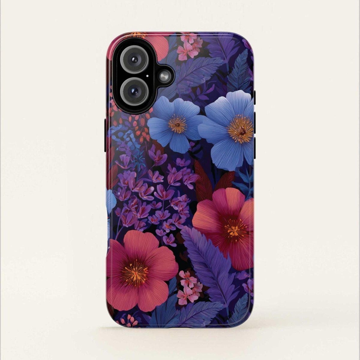 Lavender Tropics tough phone case for iPhone 17 by WOYC, glossy protective cover with vibrant tropical design.