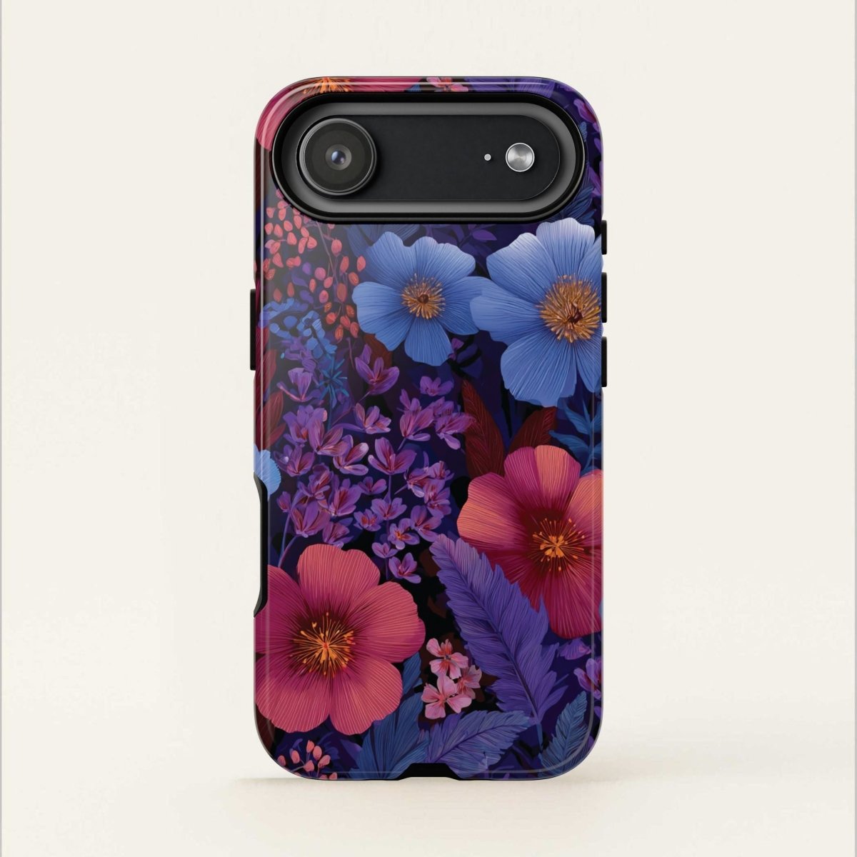 Lavender Tropics tough iPhone case by WOYC for iPhone 17, glossy finish, durable protection, vibrant tropical design.