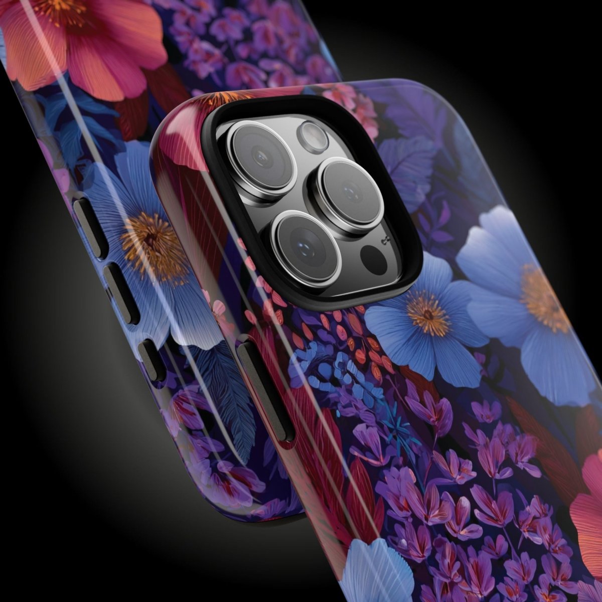 Lavender Tropics tough phone case for iPhone 17 by WOYC, glossy protective case showcasing vibrant lavender design.