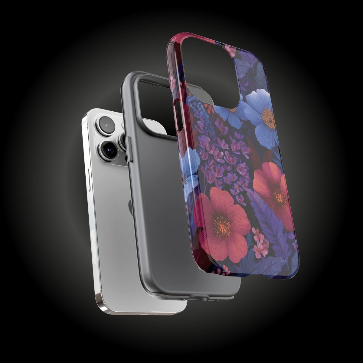 WOYC lavender Tropics tough phone case for iPhone 17, glossy protective cover showing vibrant floral design.