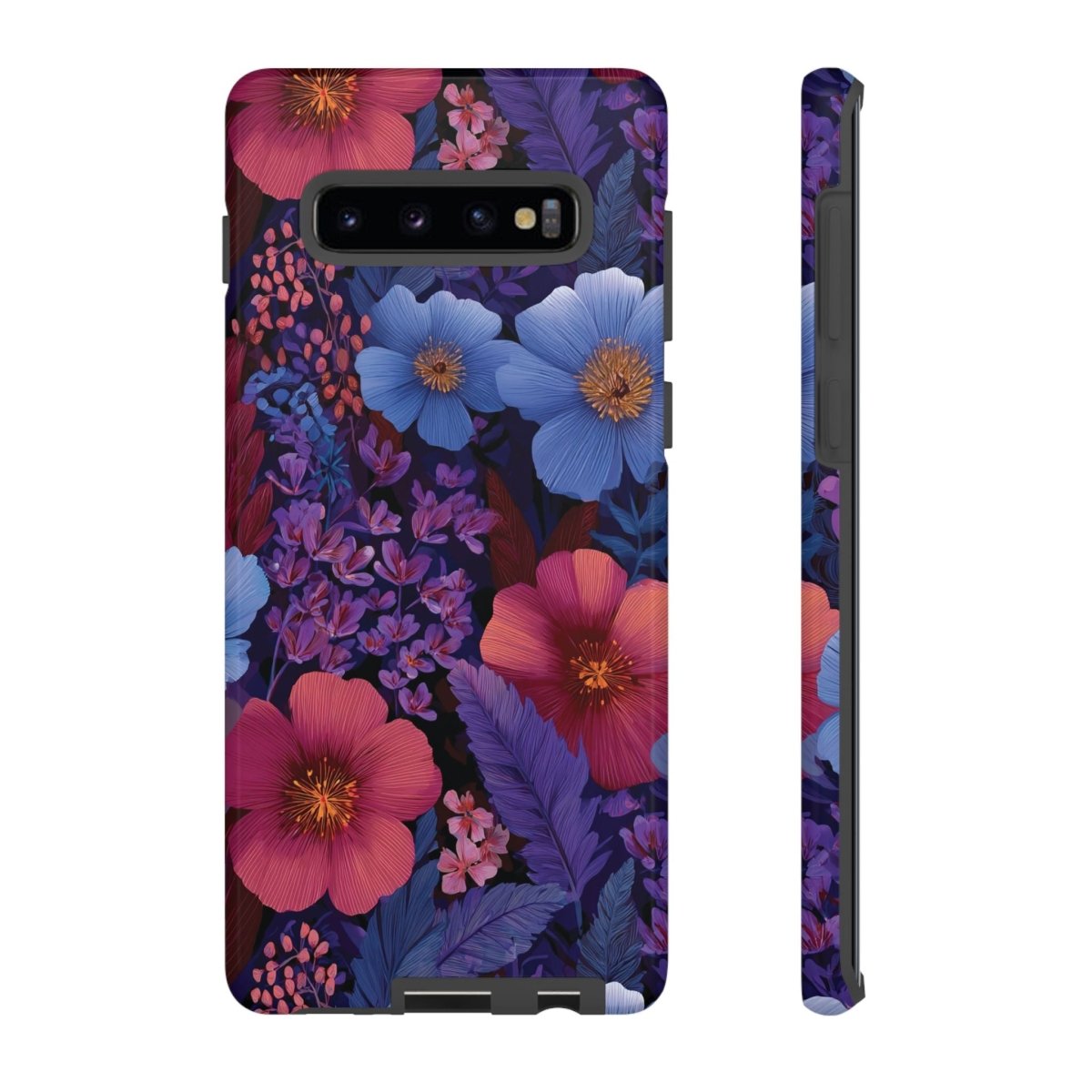 Samsung Galaxy S25 tough phone case by WOYC in Lavender Tropics with a glossy finish, designed for durability and style.