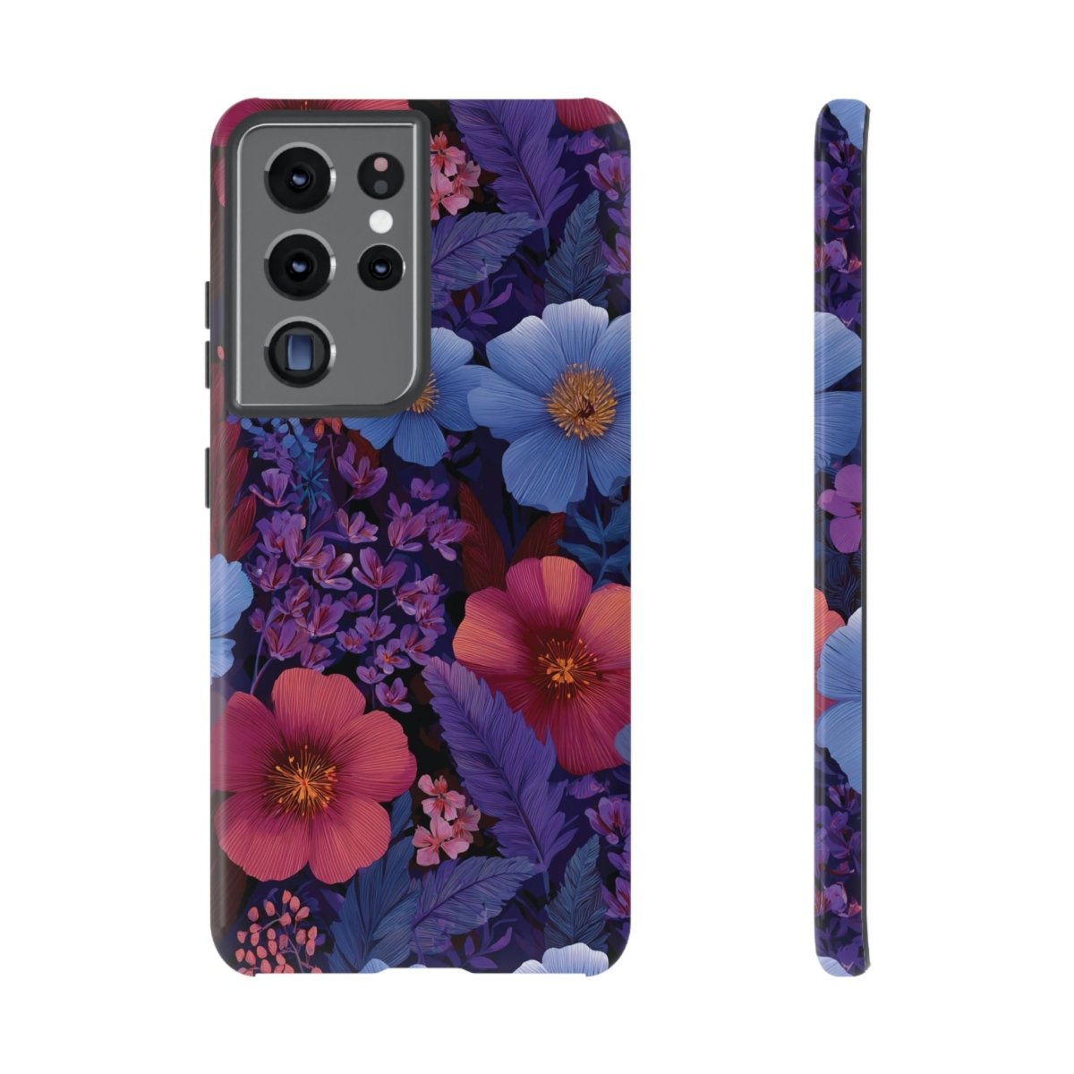 Samsung Galaxy S25 tough phone case by WOYC in Lavender Tropics design, glossy, protective, rugged phone cover for AU, NZ, and USA models.