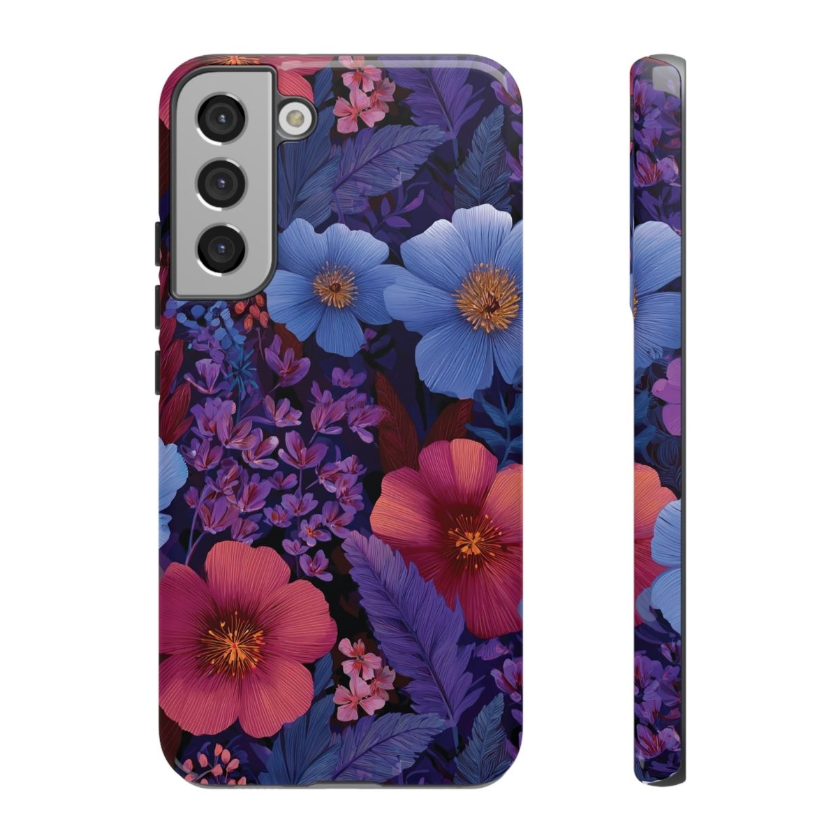 Samsung Galaxy S25 tough phone case by WOYC in Lavender Tropics with glossy finish, designed for durability and style.