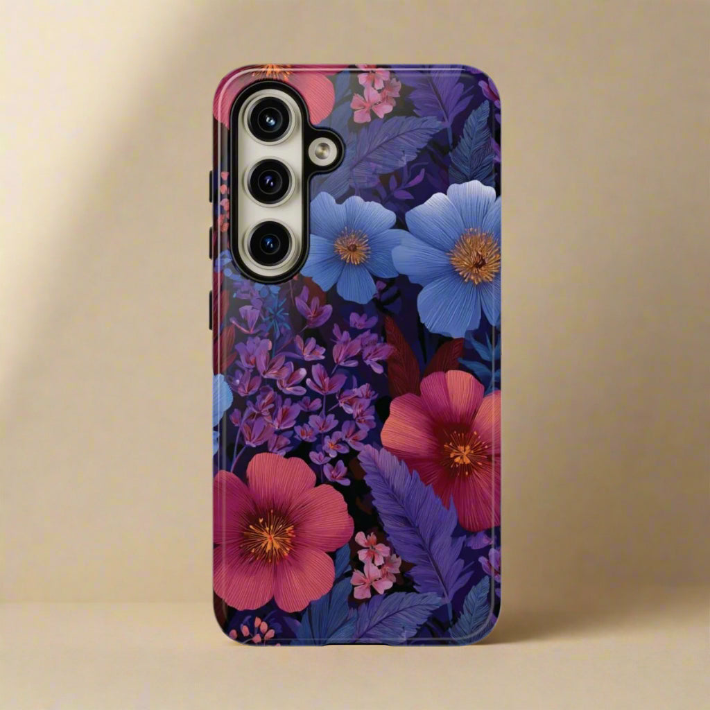 Samsung Galaxy S25 tough phone case by WOYC in Lavender Tropics with glossy finish, designed for durability and style.