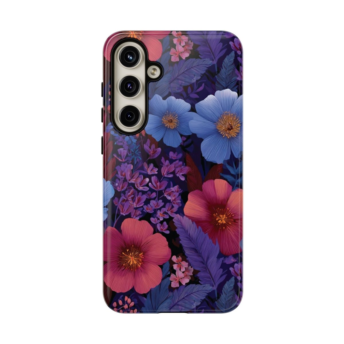 Samsung Galaxy S25 tough phone case by WOYC in Lavender Tropics design, glossy finish, durable protective cover.