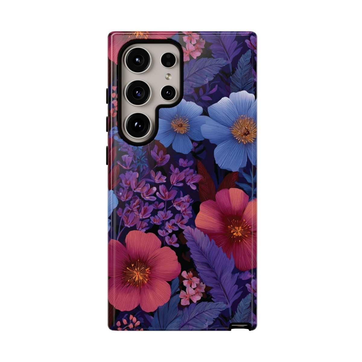 Samsung Galaxy S25 tough phone case by WOYC in Lavender Tropics design, glossy finish, protective and durable for AU, NZ, and USA.
