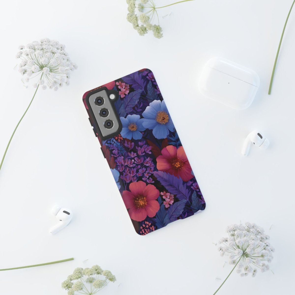 Samsung Galaxy S25 tough phone case by WOYC in Lavender Tropics with glossy finish, designed for durability and style.