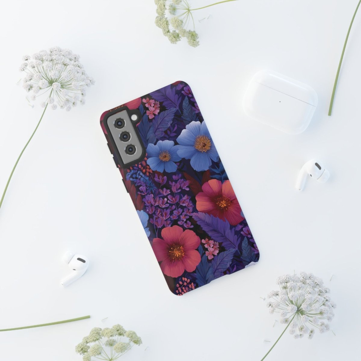 Samsung Galaxy S25 tough phone case by WOYC in Lavender Tropics with glossy finish, designed for durability and style.